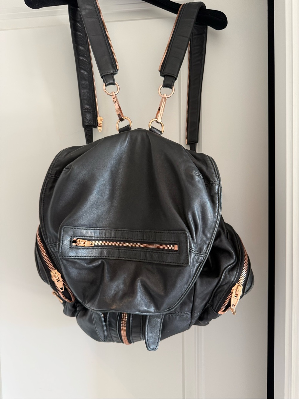 Black Leather Backpack with Rose Gold Hardware